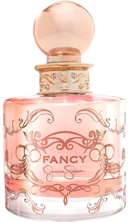 Jessica Simpson's Fancy Eau de Parfum in a pale pink chess-pawn-shaped bottle with ornate filigree and butterfly motifs.