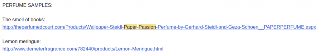 Screenshot of an email linking to samples of Wallpaper* Steidl's Paper Passion Perfume and Demeter's Lemon Meringue scent.