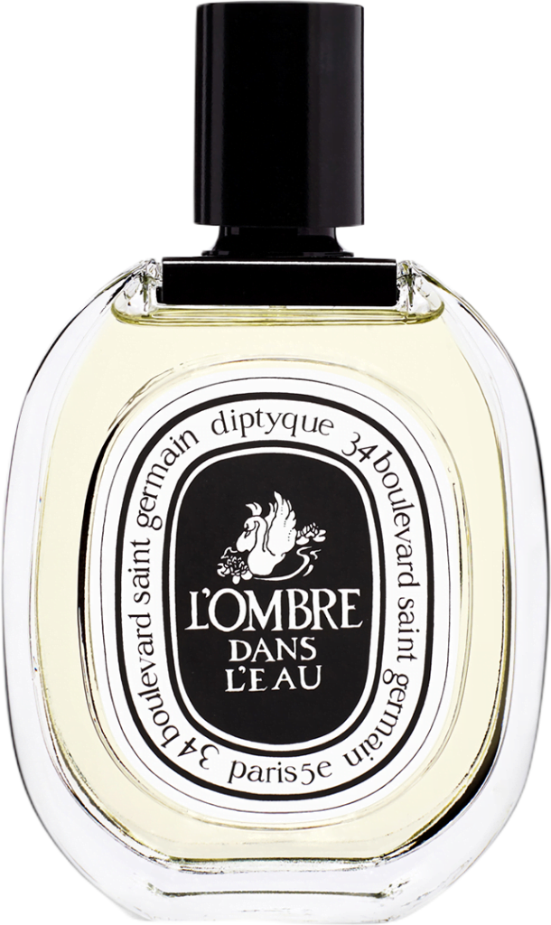 Clear oval-shaped bottle with a black label filled with pale yellow liquid L'Ombre dans L'Eau Eau de Toilette by Diptyque.