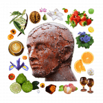 Oxidation Field: A Newly-Discovered Component of Skin Chemistry Collage of the rusted head of an iron statue of a person surrounded by fruit, flowers, nuts, coffee, and other scent notes.