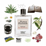 Collage of Wallpaper* Steidl's Paper Passion perfume and its notes, including ink, vanilla, books, powder, and Iso E Super.