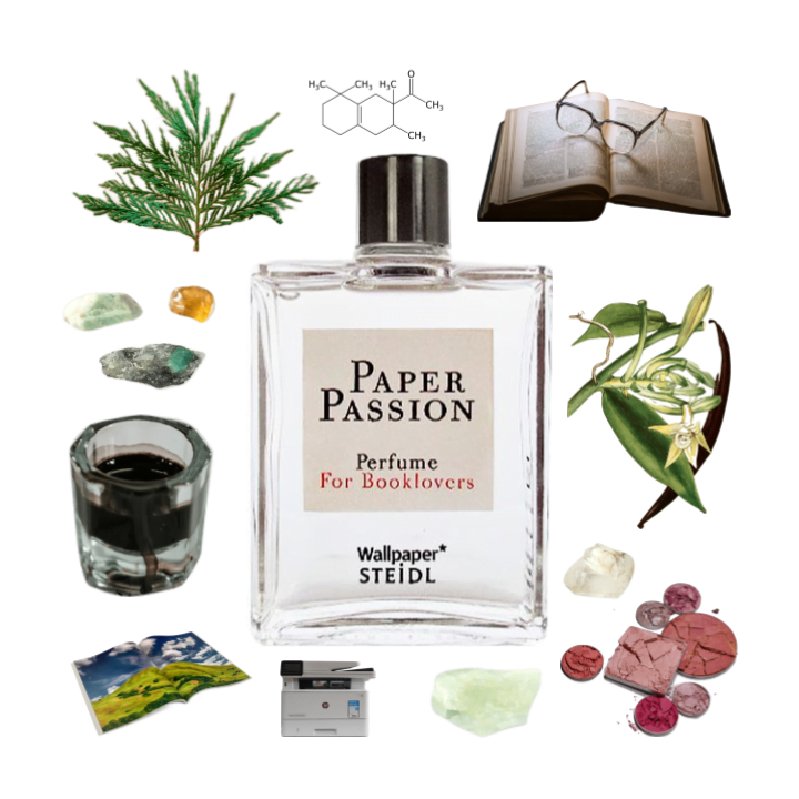 Collage of Wallpaper* Steidl's Paper Passion perfume and its notes, including ink, vanilla, books, powder, and Iso E Super.