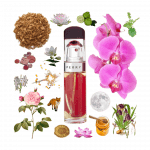 Perry Woman Eau de Parfum by Perry Ellis Review Collage of Perry Woman by Perry Ellis and its notes, including sandalwood, rose, orchid, lotus, water lily, and orris root.