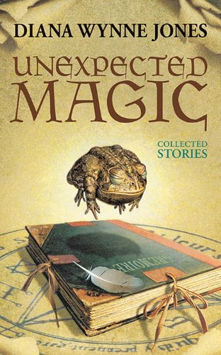 Book cover of Diana Wynne Jones' Unexpected Magic. Illustration of a toad floating over an old book on parchment background.
