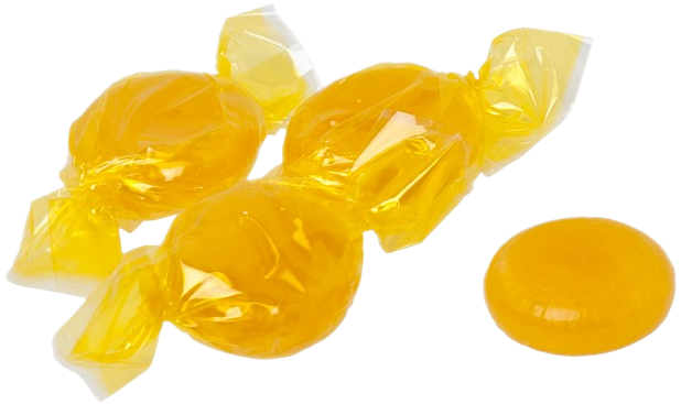 A pile of bright yellow butterscotch candies. Three are wrapped in yellow plastic wrappers, and one is unwrapped.