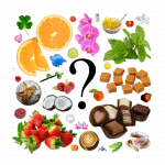 Collage of a question mark and a number of scent notes including coconut, coffee, orange, tea, bread, mint, salt, and peach.