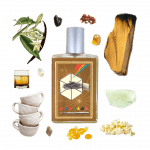 Collage of Memoirs of a Trespasser by Imaginary Authors and its notes, including palo santo, clay, vanilla, and bourbon.