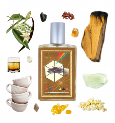Collage of Memoirs of a Trespasser by Imaginary Authors and its notes, including palo santo, clay, vanilla, and bourbon.