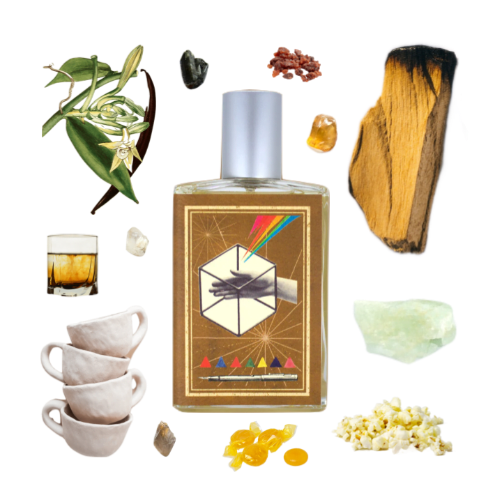 Collage of Memoirs of a Trespasser by Imaginary Authors and its notes, including palo santo, clay, vanilla, and bourbon.