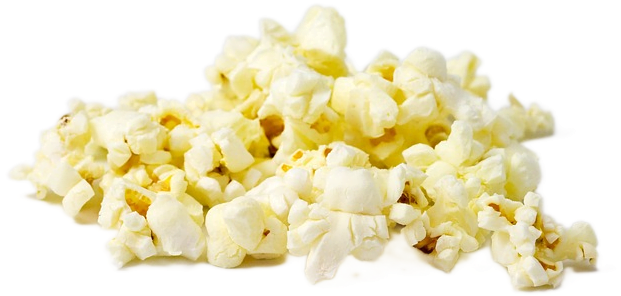A pile of golden yellow and white popped popcorn kernels, soaked in butter.