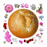 Introducing The Scentaur Blogroll Collage of large round bread roll, made of white wheat bread dusted with flour surrounded by red, pink, and white flowers.