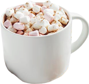 A cozy white ceramic mug filled with cocoa and topped with pink and white marshmallows.