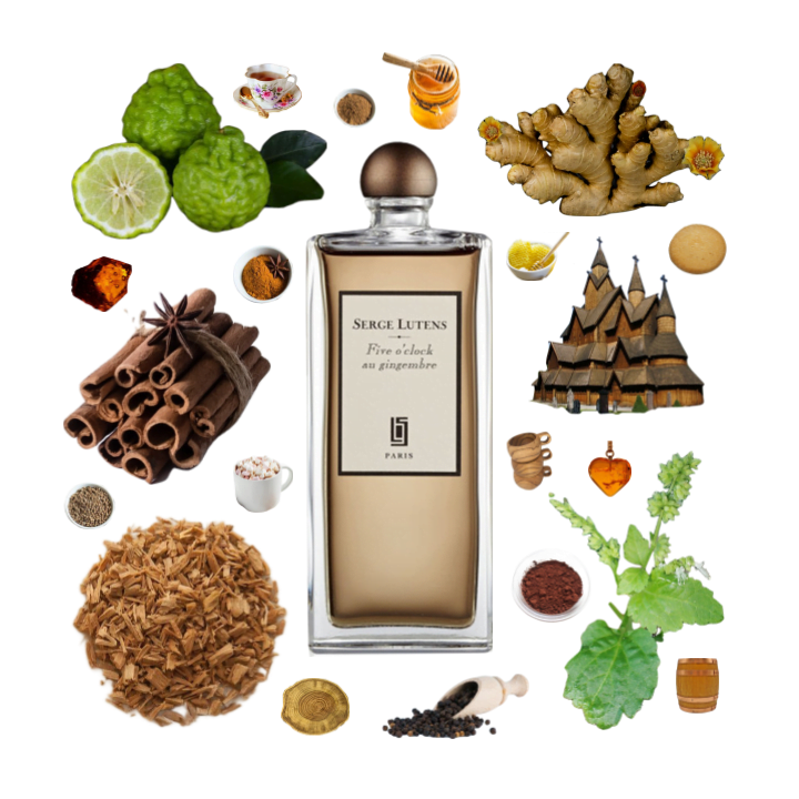 Collage of Five O'Clock Au Gingembre by Serge Lutens and its notes, including cinnamon, ginger, cinnamon, bergamot, and tea.