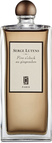 Tall rectangular bottle filled with taupe liquid with a cream label of Serge Lutens' 5 O'Clock eau Gingembre Eau de Parfum.