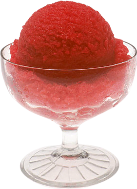 A glass chalice filled with deep red colored frozen raspberry sherbet dessert.