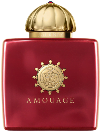 Opaque red square bottle with gold cap and logo of Journey Woman Eau de Parfum by Amouage.