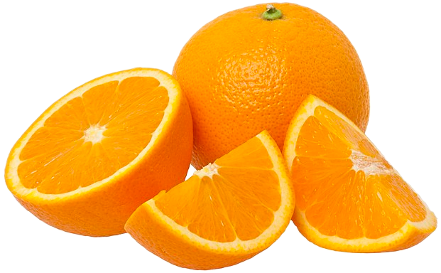 A pile of orange slices alongside a whole orange with its peel.