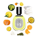 Oyedo Eau de Toilette by Diptyque Review Collage of Oyedo by Diptyque and its notes, including yuzu, clementine, mandarin orange, lime, lemon, woody notes, and thyme.