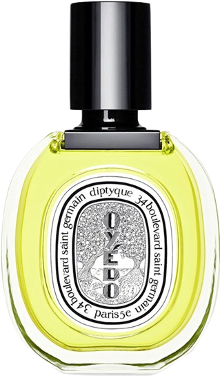 Clear oval-shaped bottle with white illustrated label of Oyedo Eau de Toilette by Diptyque, filled with bright yellow liquid.