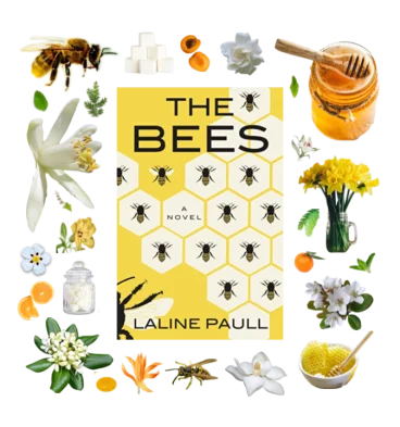 Collage of book cover of The Bees by Laline Paull and images of bees, fruit, sugar, wasps, honey, honeycomb, and flowers.