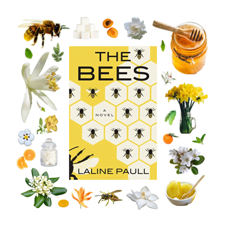 Collage of book cover of The Bees by Laline Paull and images of bees, fruit, sugar, wasps, honey, honeycomb, and flowers.