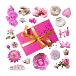 5 Creative Ways to Give the Perfect Perfume or Cologne Gift Collage of a pink gift or present box wrapped with gold ribbon and a number of pink flowers and desserts.