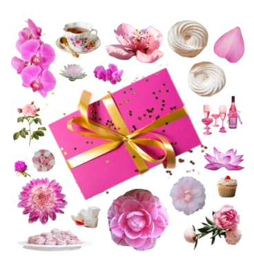 Collage of a pink gift or present box wrapped with gold ribbon and a number of pink flowers and desserts.