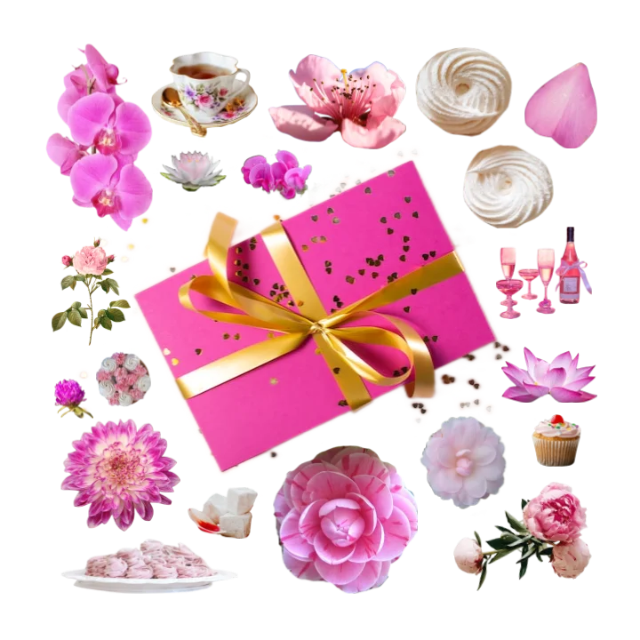 Collage of a pink gift or present box wrapped with gold ribbon and a number of pink flowers and desserts.