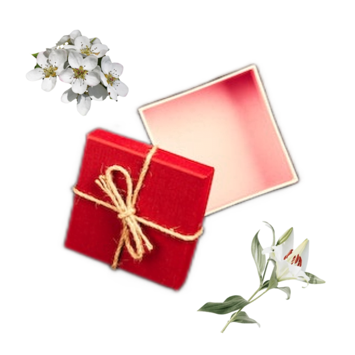 Collage of an empty open red gift or present box, a white lily, and a bunch of white pear blossom flowers.