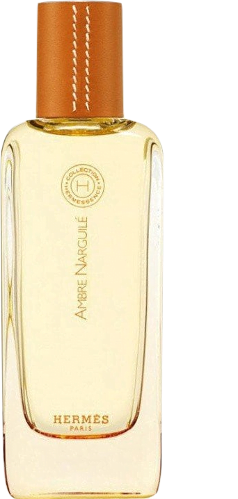 Tall light golden rectangular glass bottle with a leather cap filled with Hermes' Amber Narguile Eau de Toilette perfume.