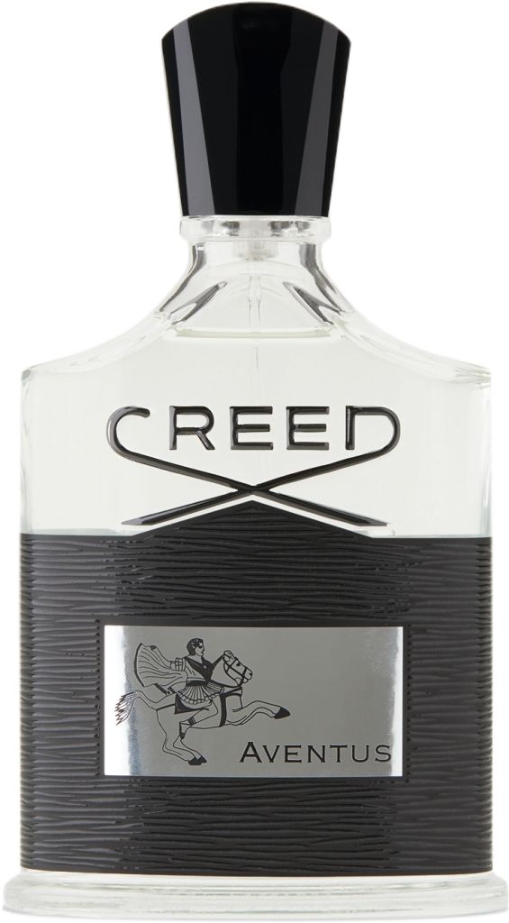 Black and transparent bottle of Aventus by Creed with a metallic label.