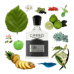 Aventus Eau de Parfum by Creed Review Collage of Aventus by Creed and its notes, including pineapple, birch, vanilla, bergamot, patchouli, ambergris, and apple.