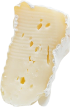 A wedge of pale yellow brie cheese with a hard white rind.