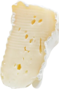 A wedge of pale yellow brie cheese with a hard white rind.