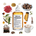 By the Fireplace Eau de Toilette by Maison Martin Margiela Review Collage of By the Fireplace and its notes, including vanilla, palo santo, cashmeran, cloves, pink pepper, and chestnut.