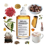 Collage of By the Fireplace and its notes, including vanilla, palo santo, cashmeran, cloves, pink pepper, and chestnut.