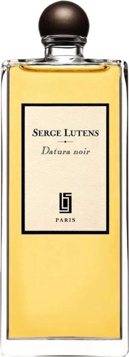 Tall square glass bottle of Datura Noir Eau de Parfum by Serge Lutens, a yellow liquid perfume with a round brown cap.