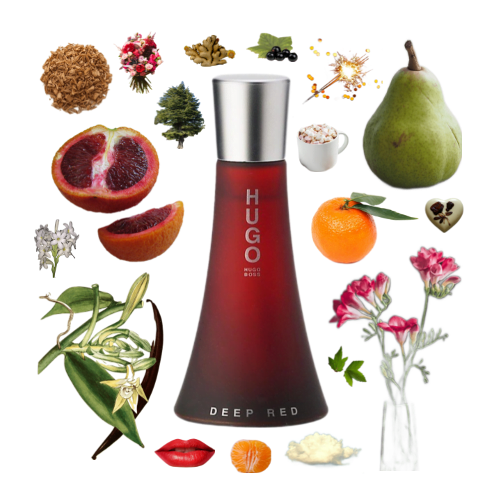 Collage of Deep Red by Hugo Boss and its notes, including vanilla, pear, blood orange, ginger, cedar, freesia and sandalwood.