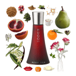 Deep Red Eau de Parfum by Hugo Boss Review Collage of Deep Red by Hugo Boss and its notes, including vanilla, pear, blood orange, clementine, freesia, and sandalwood.