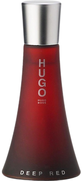 Tall frosted red glass bottle with a flared base and silver cap filled with Hugo Boss's Deep Red Eau de Parfum.