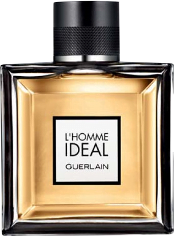 Square bottle of Guerlain's L'Homme Ideal Eau de Toilette, filled with light-brown-colored liquid with a small white label.