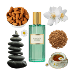 Mémoire d’une Odeur Eau de Parfum by Gucci Review Collage of Gucci's Memoir d'une Odeur and its notes, including chamomile daisies, jasmine, sandalwood, and bitter almond.