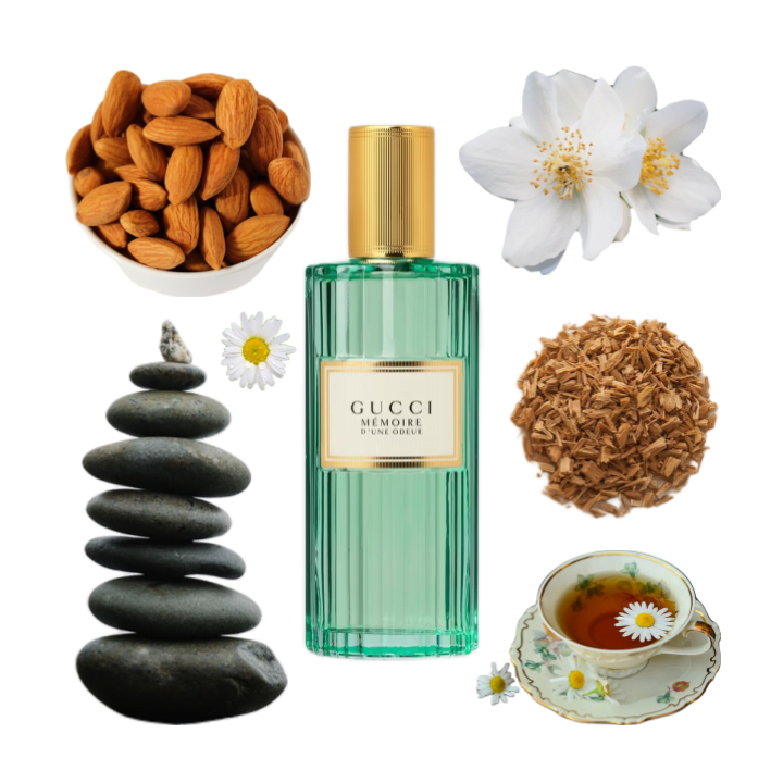 Collage of Gucci's Memoir d'une Odeur and its notes, including chamomile daisies, jasmine, sandalwood, and bitter almond.