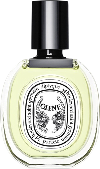 Oval bottle with black cap and white illustrated label, filled with pale yellow-green Olene Eau de Toilette by Diptyque.