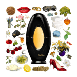 Paloma Picasso Eau de Parfum by Paloma Picasso Review Collage of Paloma Picasso perfume and its notes, including carnation, rose, mimosa, castoreum, lemon, amber, and civet.
