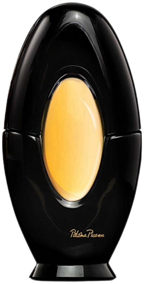 Strange signed black diamond-oval-shaped black bottle with a clear yellow glass center filled with Paloma Picasso Perfume.