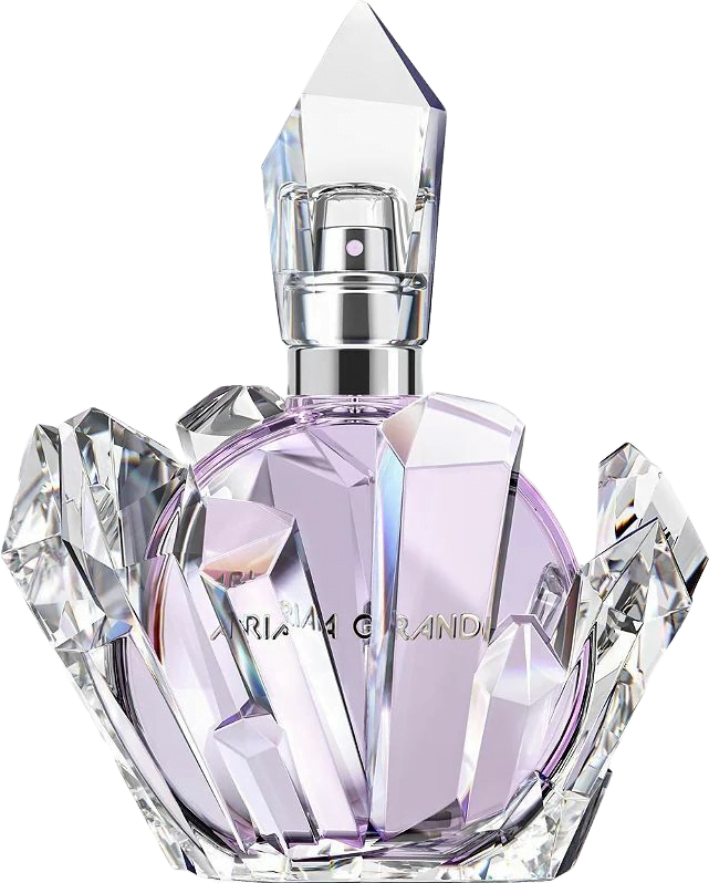 Pale lavender-colored translucent bottle shaped like quartz crystals of REM Eau de Parfum by Ariana Grande.