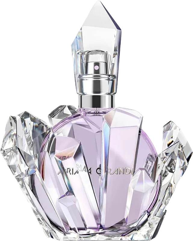 Pale lavender-colored translucent bottle shaped like quartz crystals of REM Eau de Parfum by Ariana Grande.