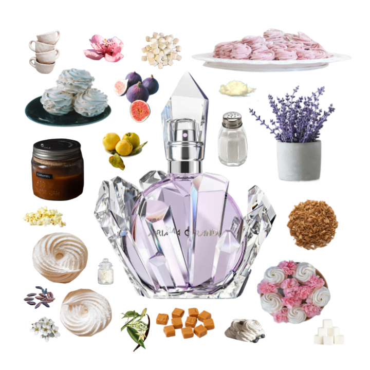Collage of REM by Ariana Grande and its notes, including lavender, zefir, salt, fig, caramel, quince, tonka, and sandalwood.