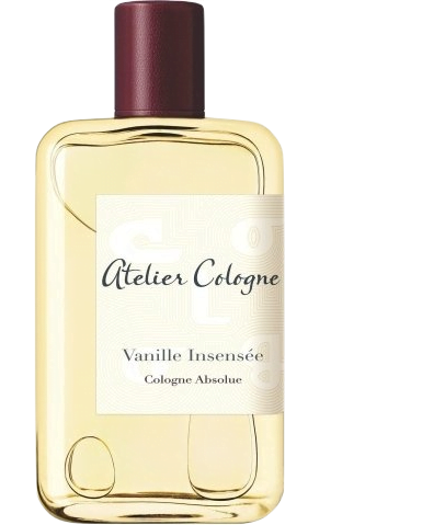 Rounded rectangular clear bottle with a brown cap of light cream-colored Vanille Incensee perfume by Atelier Cologne.